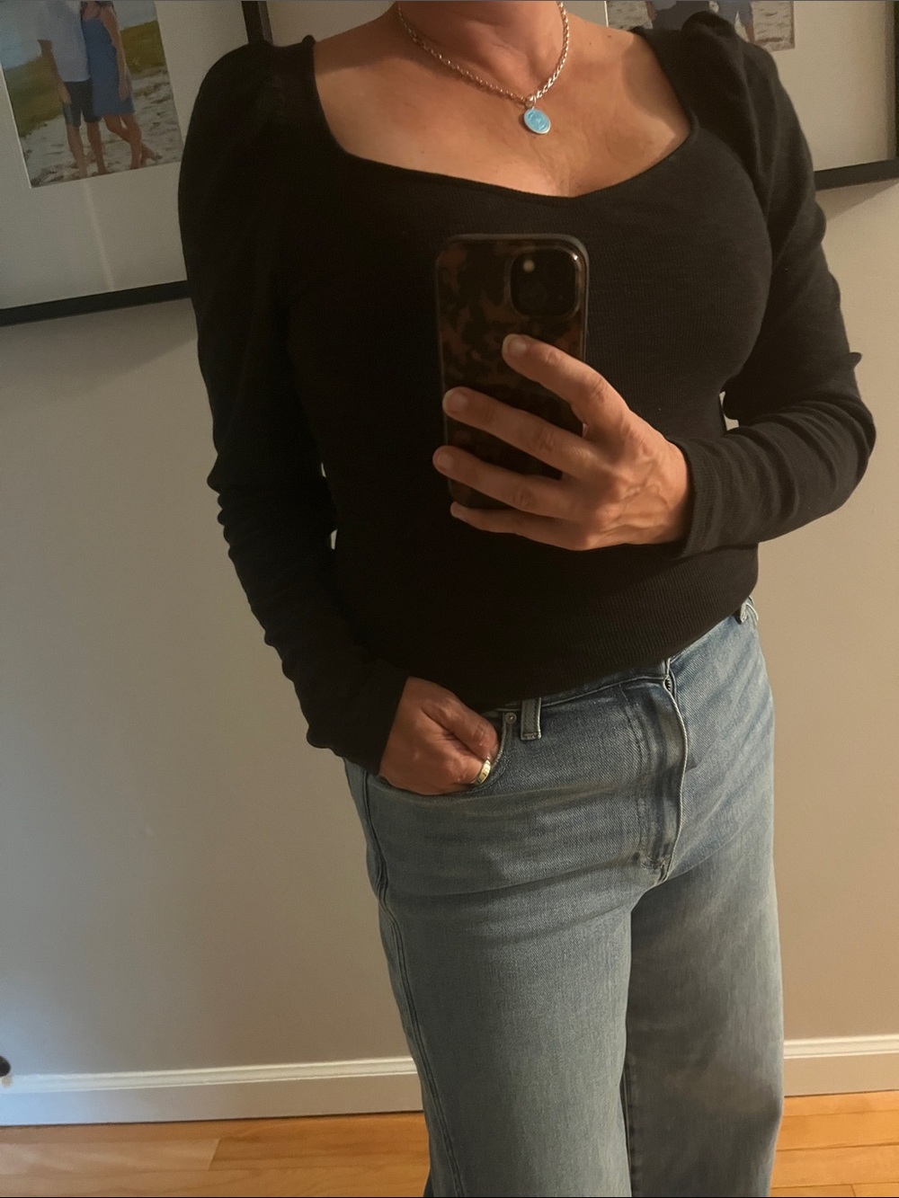 GAP Black Scoop Neck Long Sleeve Top with Puff Shoulders